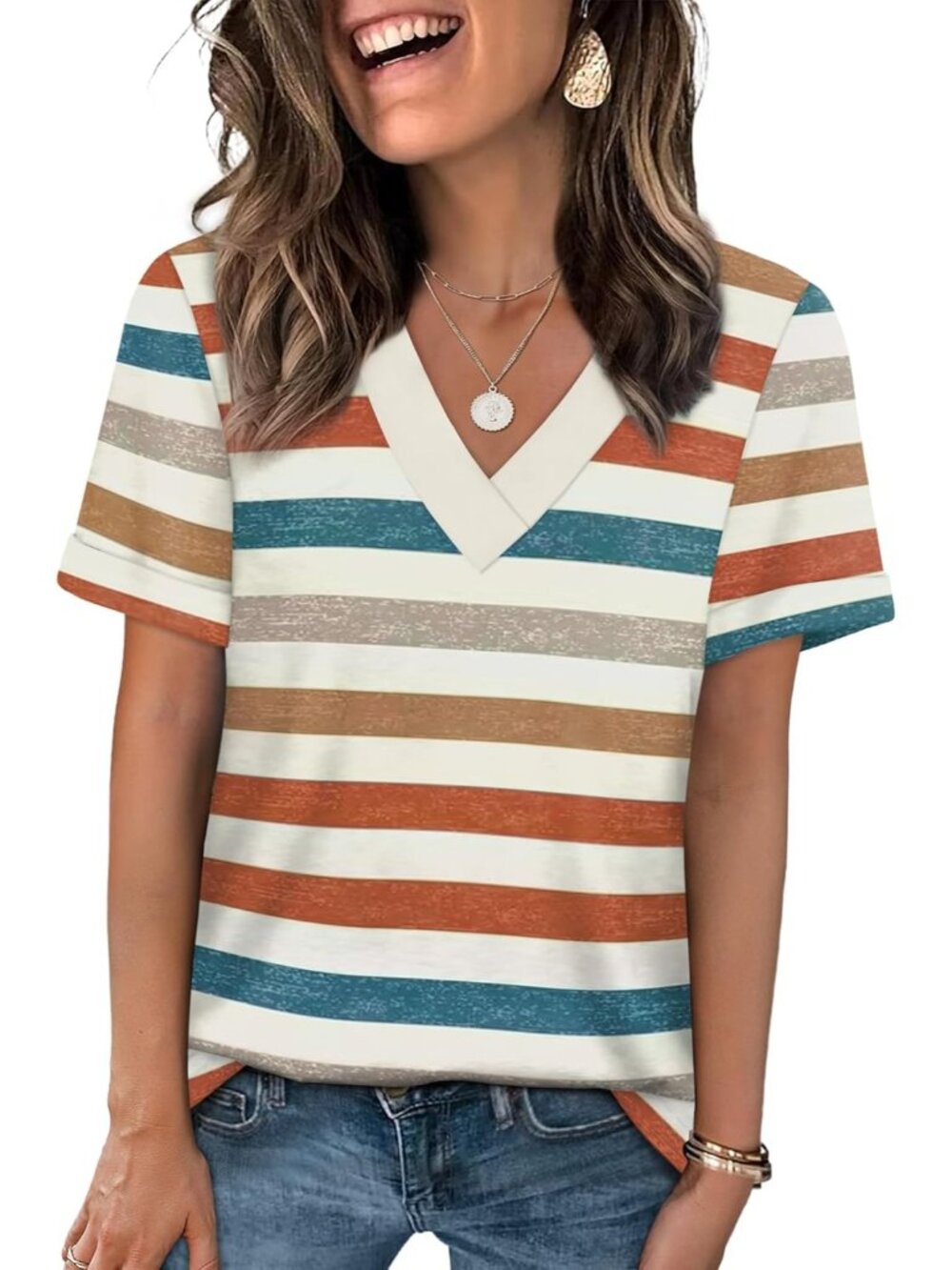 🆕Women's Striped Tops Short Sleeve Basic Casual V Neck T Shirts Trendy